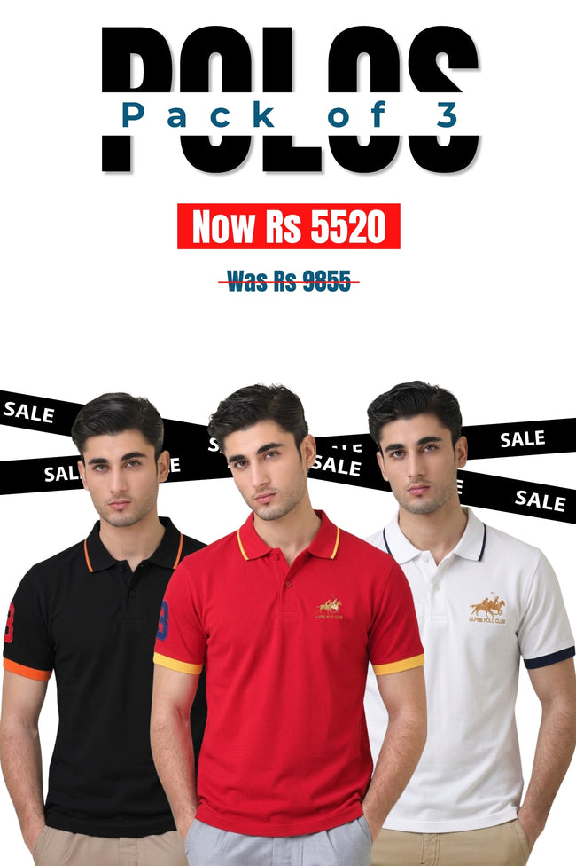 Alpine Men’s - Cotton Polo Shirt Bundle Offer - Black, Red & White Hover Image
