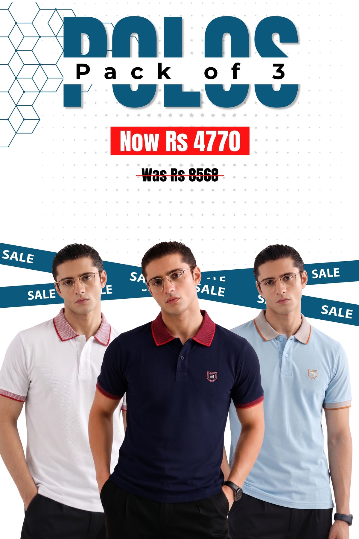 Alpine - Contrast Collar Edition Polo Bundle Offer - White, Navy Blue & Sky Blue