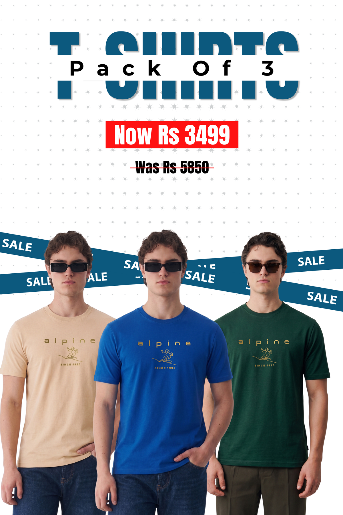 Alpine - High Density Graphic T-Shirt Bundle Offer - Sand, Royal Blue & Dark Green
