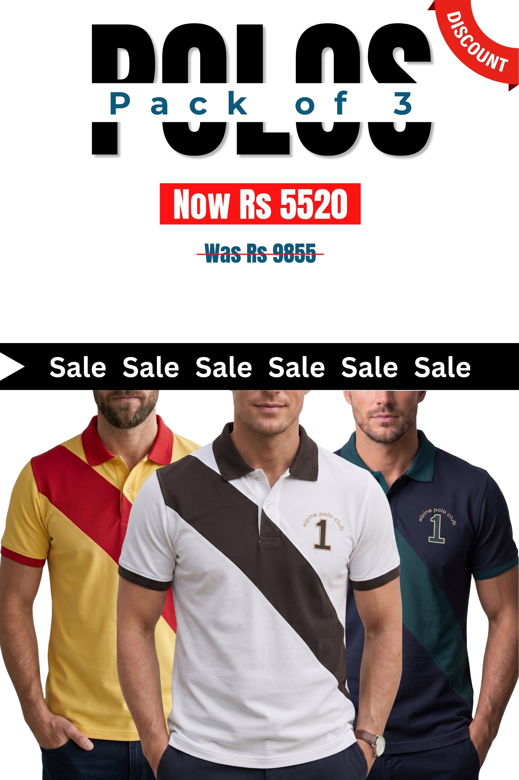 Alpine Men’s - Cross Edition Polo Bundle Offer - White, Yellow & Navy Blue