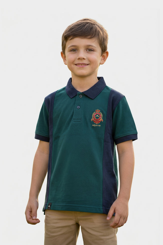 Alpine Kids Panel Polo Shirt Dark Green – Premium Cotton Hover Image