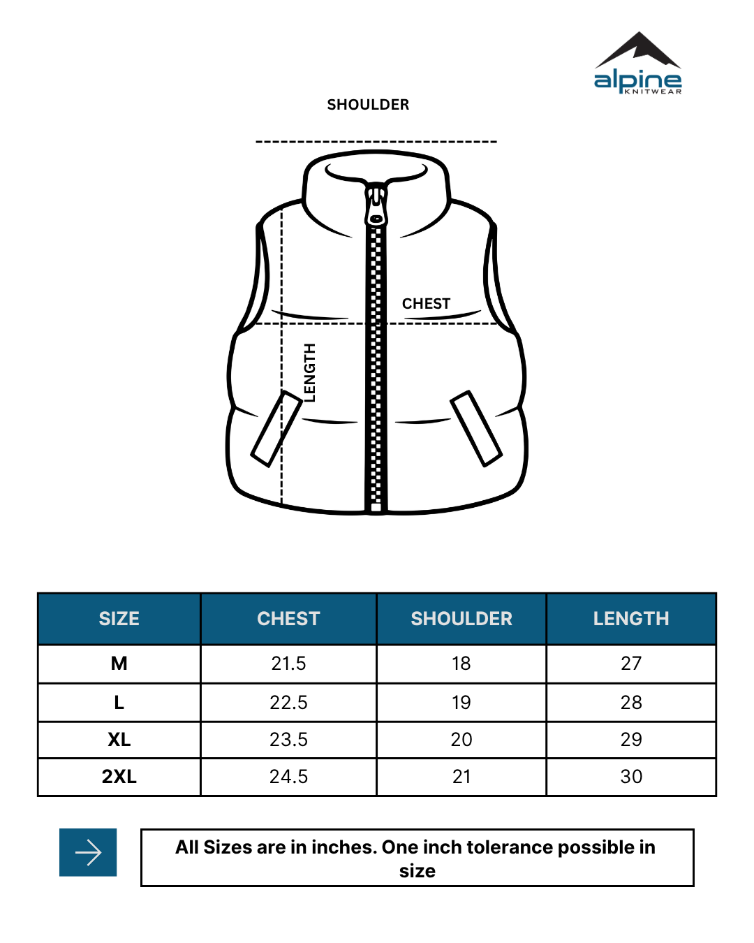 Alpine Men’s Imported Gilet Black size chart