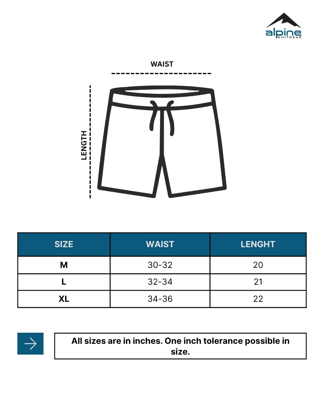Alpine Men’s Navy Blue Performance Training Shorts size chart
