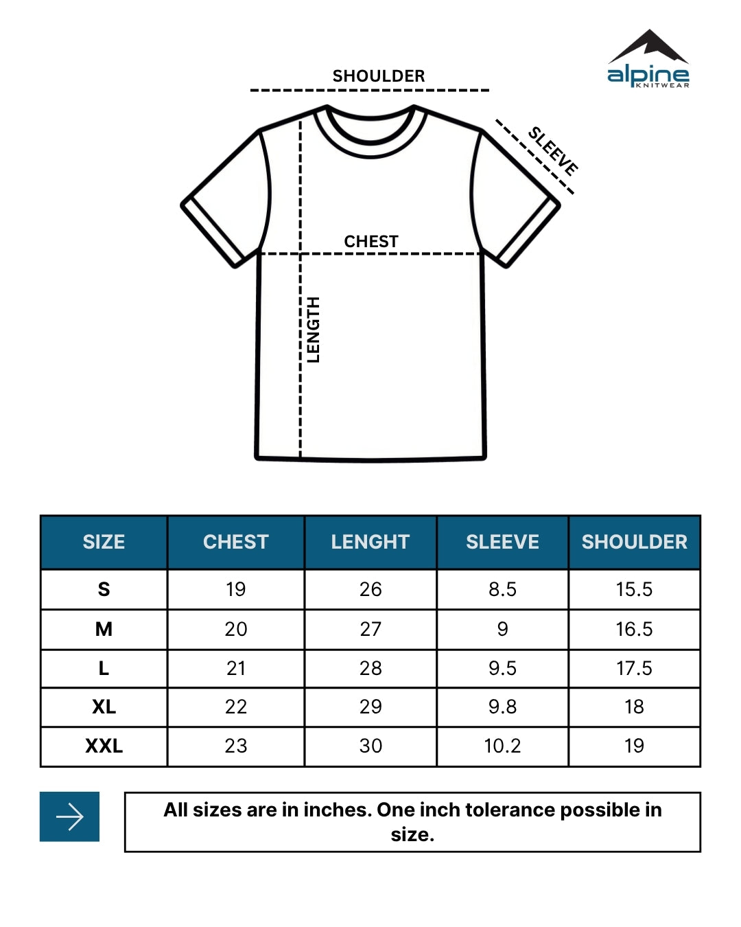 Alpine - Basic T-Shirt Bundle Offer - Red, Forest Green & Sand size chart