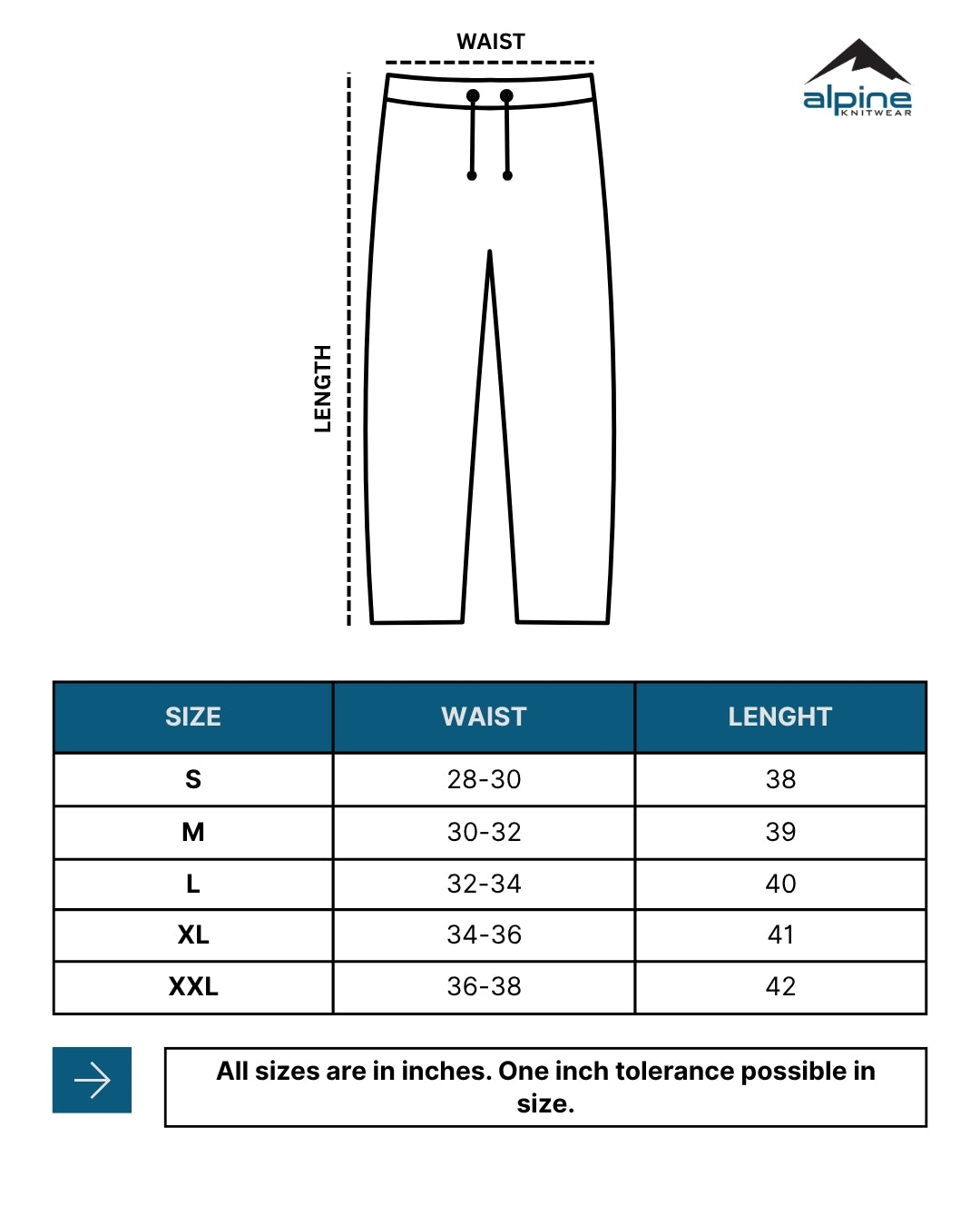 Alpine - Square Mesh Lycra Trouser Bundle Offer - Black, Navy blue & Silver Grey size chart