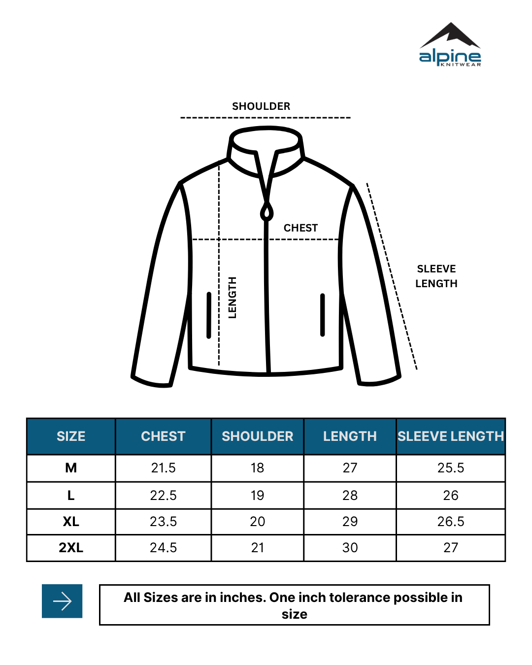 Alpine Men’s Puffer Jacket Black size chart