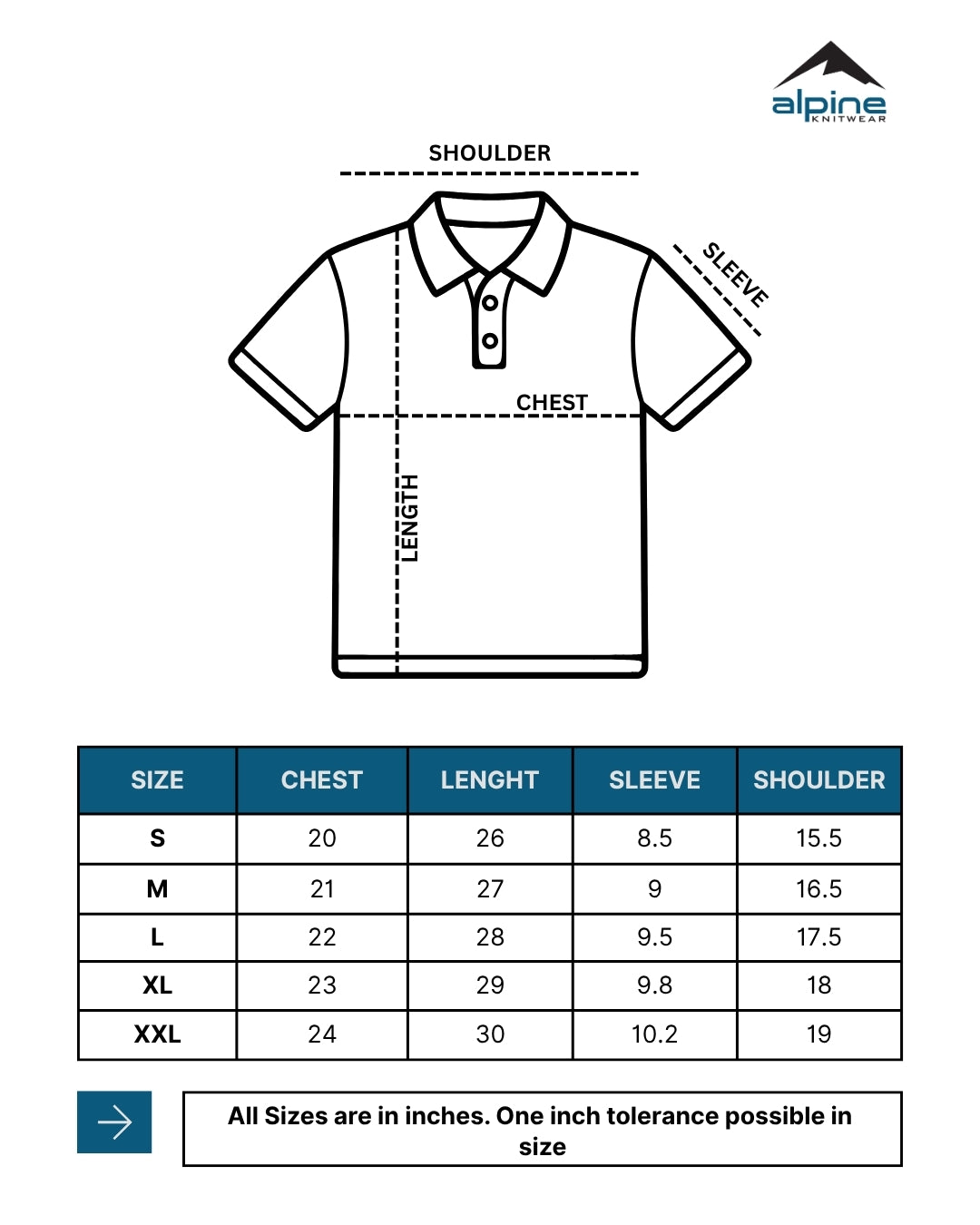 Alpine Men’s  Black Plain Cotton PQ Polo Shirt size chart