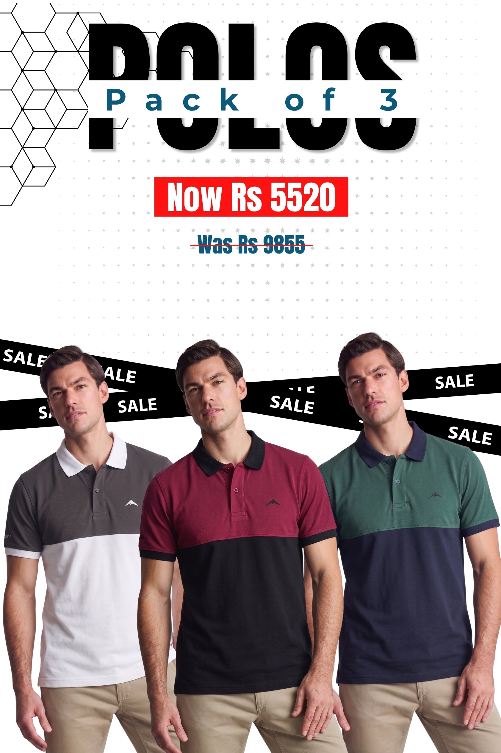 Alpine Men’s - Dual Tone Edition Polo Bundle Offer - White, Black & Navy Blue